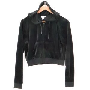 Black Velour Y2K Cropped Hoodie Womans Streetwear Track Jacket Lounge Zip Size M